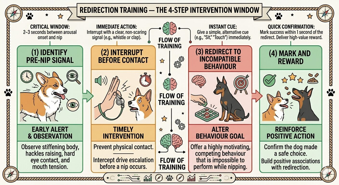 Corgis Sometimes Nip Heels. Four-step redirection training process for managing Corgi heel nipping behaviour.