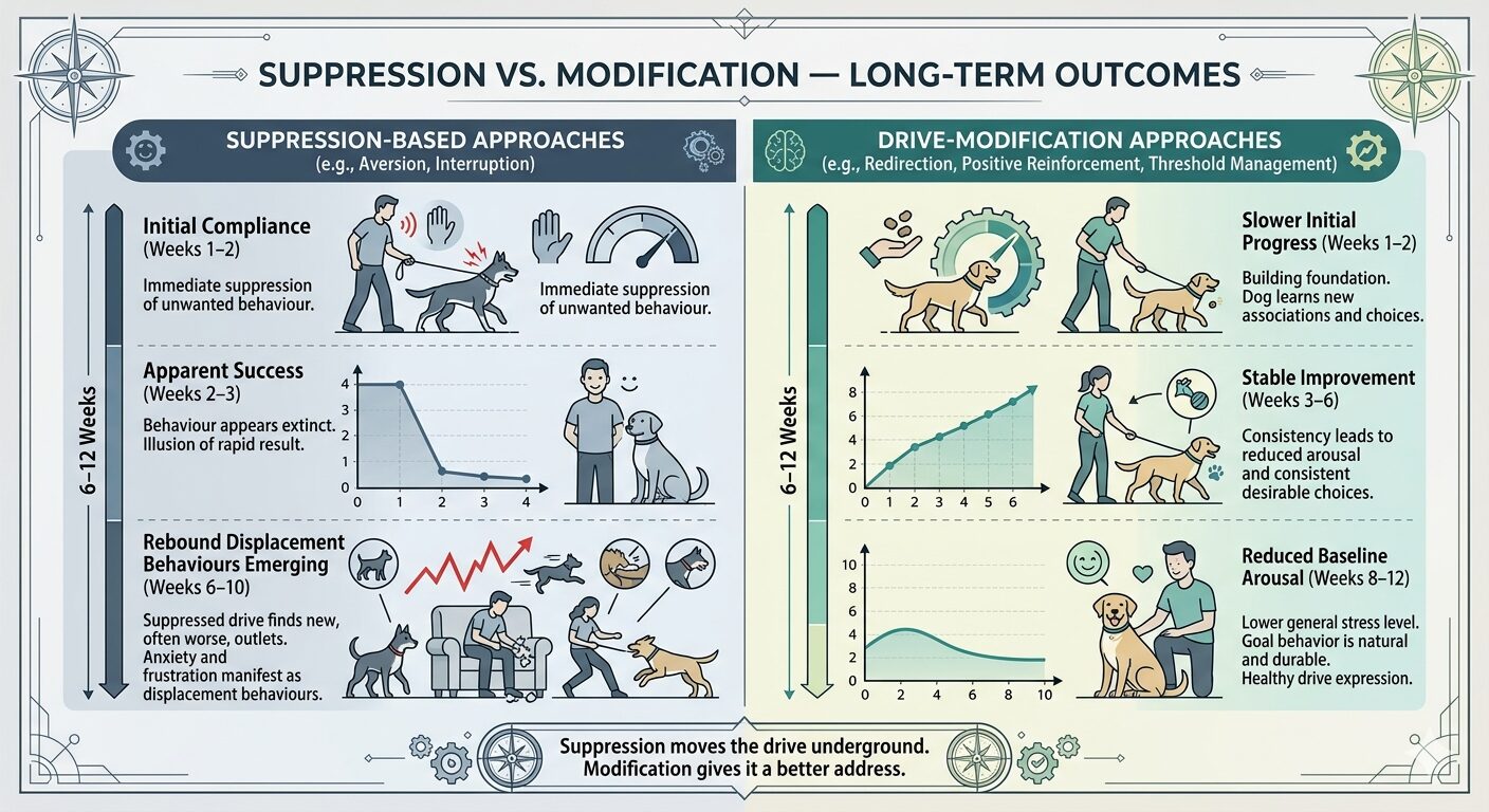 Corgis Sometimes Nip Heels. Comparison of suppression versus drive modification training outcomes in Corgis over twelve weeks.