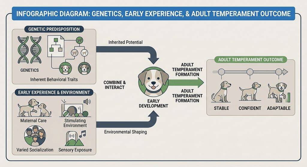 Temperament Formation. Diagram showing genetics and early experience combining to shape adult puppy temperament.
