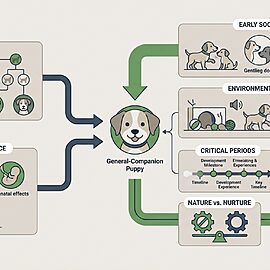 Temperament Formation. Flat illustration of a stylized puppy silhouette representing early temperament development,