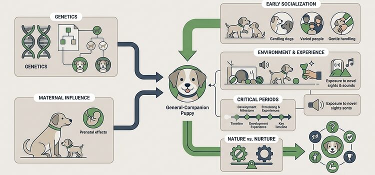 Temperament Formation. Flat illustration of a stylized puppy silhouette representing early temperament development,