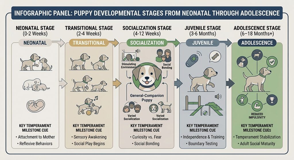 Temperament Formation. Timeline panel of puppy developmental stages from neonatal through adolescence.
