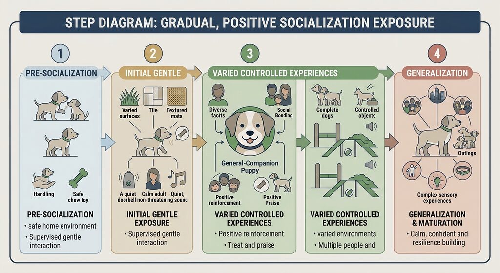 Temperament Formation. Step diagram showing a gradual, positive puppy socialization exposure sequence.