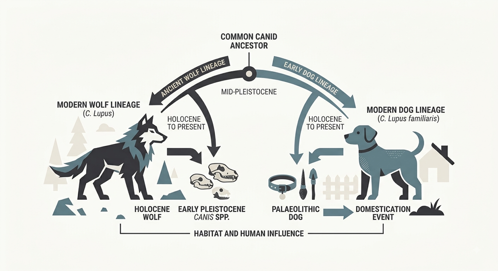 Evolution of the Domestic Dog. Branching diagram showing wolf and dog lineages diverging from a shared ancestor