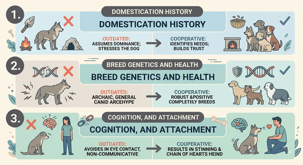 Evolution of the Domestic Dog. Diagram linking domestication history to genetics, cognition, and attachment. 