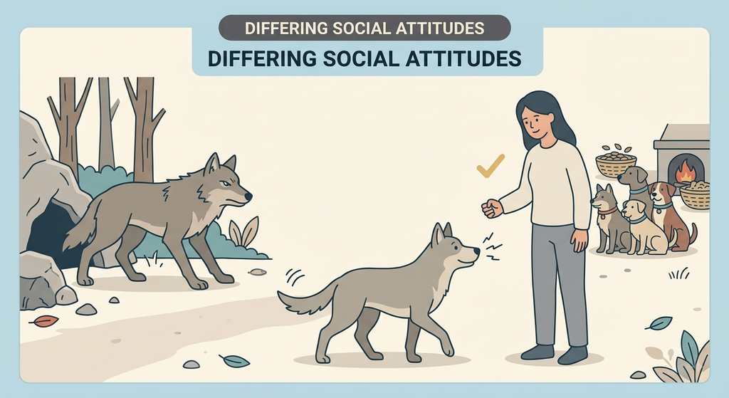 Evolution of the Domestic Dog. Simplified illustration of a dog and wolf side by side showing a sociability contrast