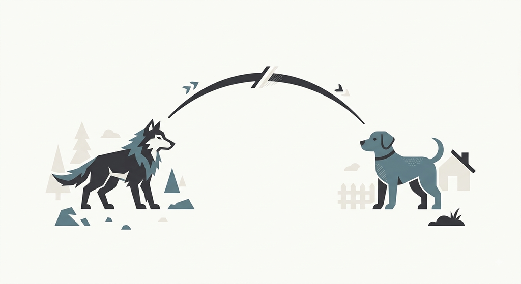 Evolution of the Domestic Dog. Stylized wolf and dog silhouettes facing each other across a divide.