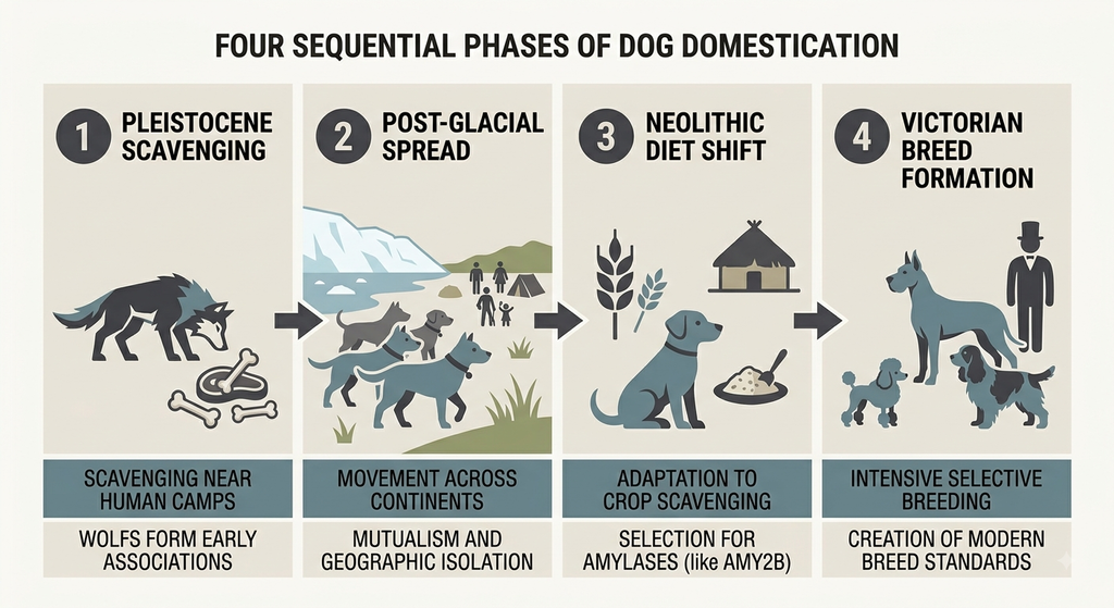 Evolution of the Domestic Dog. Four-panel timeline of domestication phases from scavenging to modern breeds. 