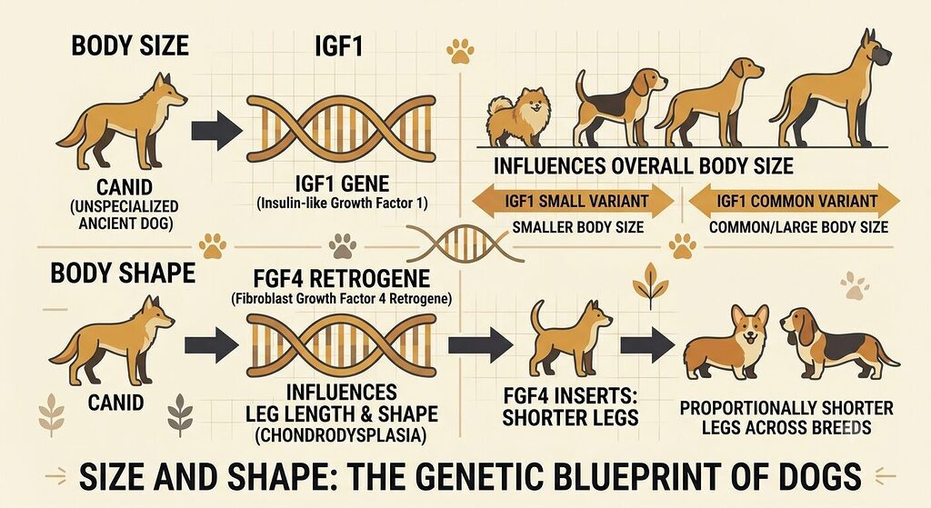 Dog Breed History. Diagram linking single genes to breed traits like size and leg length.