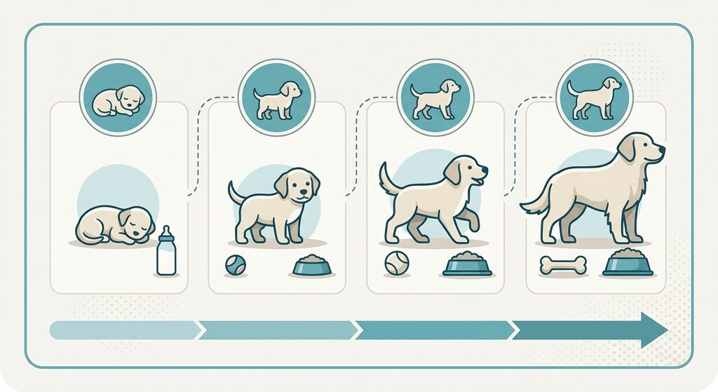 Physical Development . Illustration of a puppy silhouette progressing into an adult dog