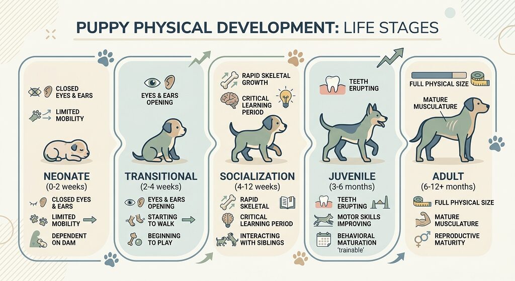 Physical Development. Panel showing a puppy's physical stages from newborn to adult dog