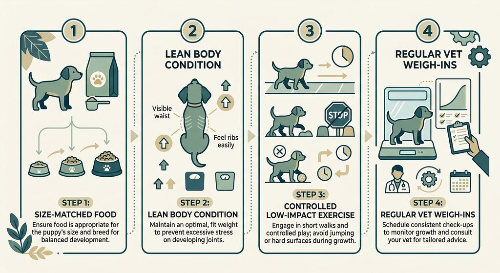 Physical Development. Four-step diagram of safe feeding and exercise for a growing puppy