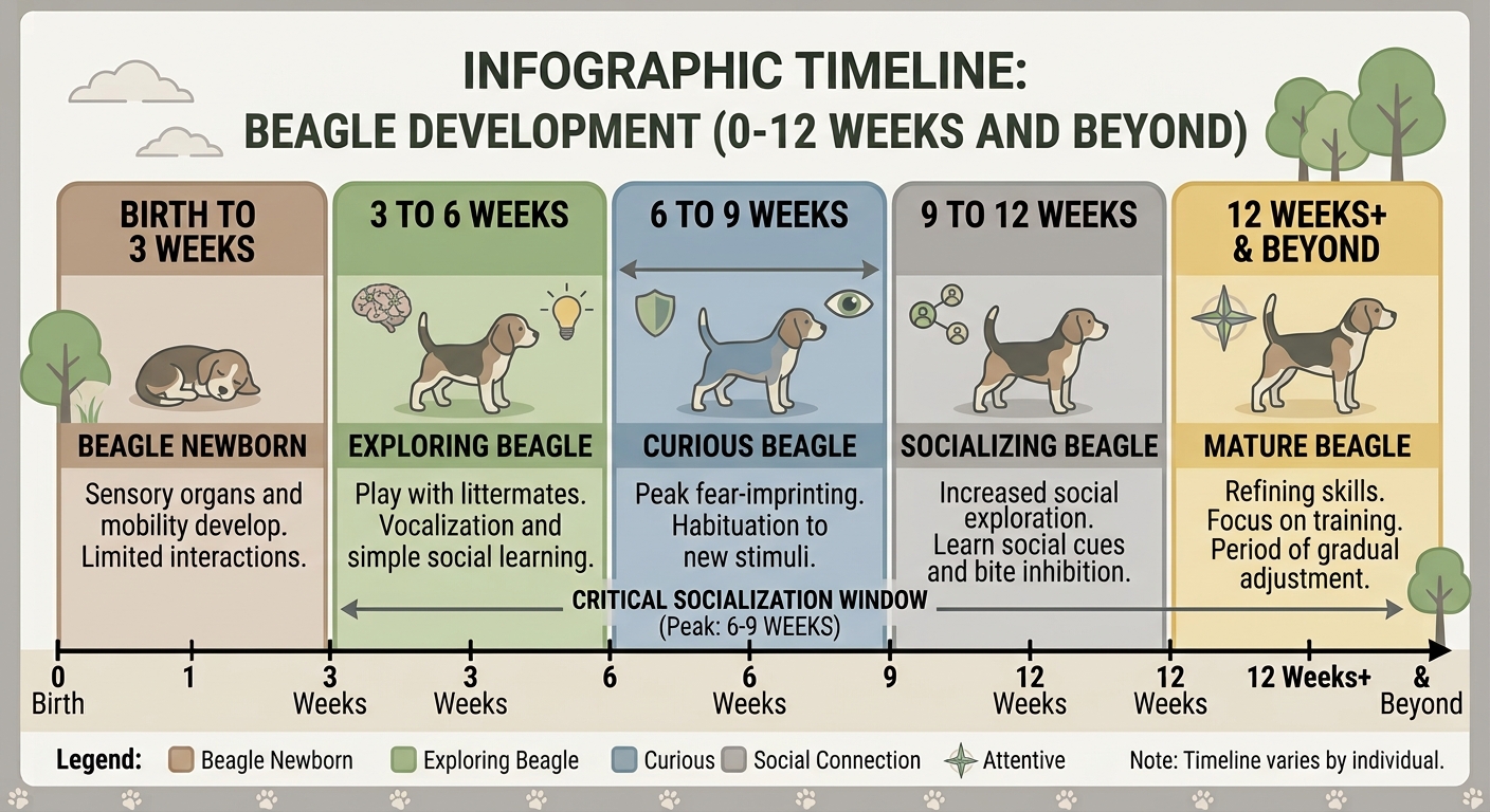 Timeline diagram showing the 3-to-12-week canine socialization window