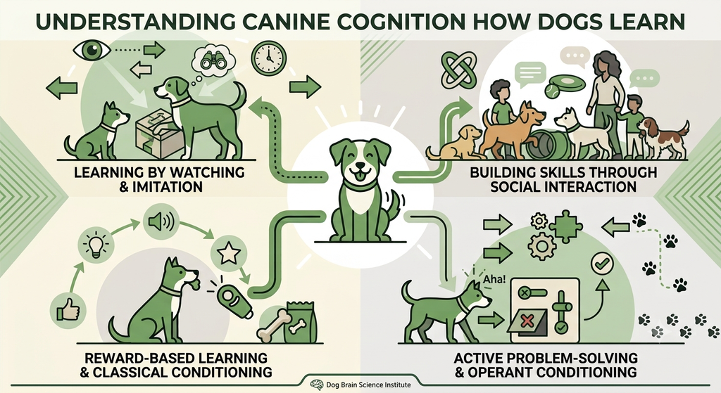 How dogs learn. Flat illustration of a stylized dog icon with a glowing brain/thought motif representing learning.