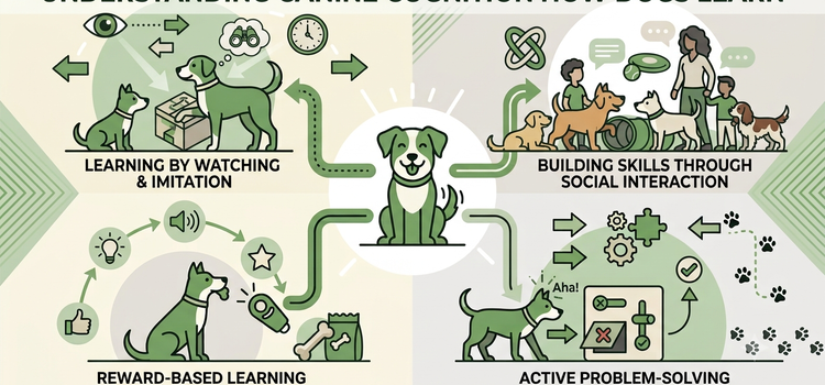 How Dogs Learn How dogs learn. Flat illustration of a stylized dog icon with a glowing brain/thought motif representing learning.