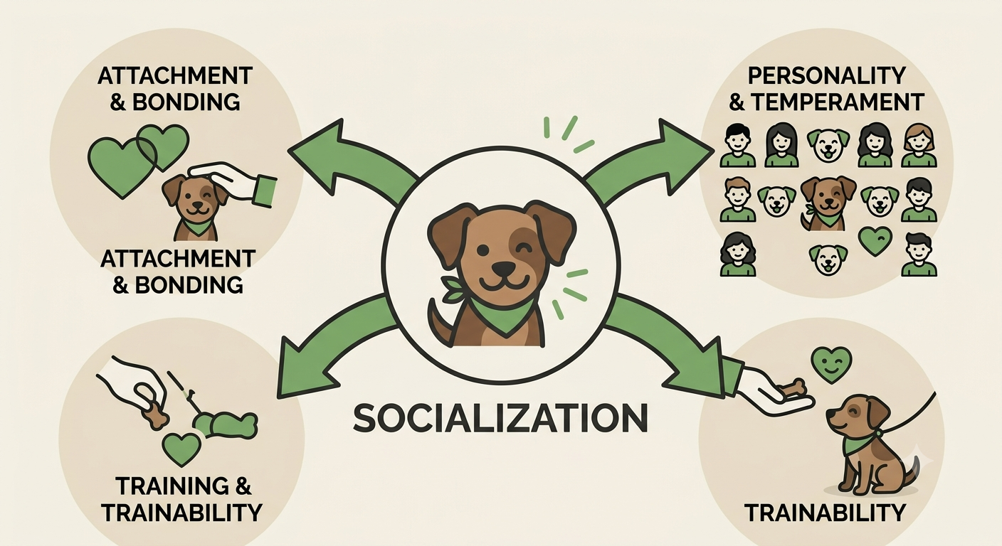 Socialisation in the Developing Puppy. Diagram showing socialization's links to attachment, temperament, and trainability.