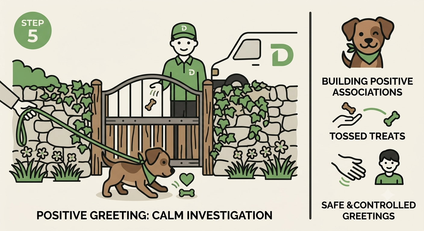 Socialisation in the Developing Puppy. Illustrated scene of a puppy calmly greeting a uniformed visitor at a gate.