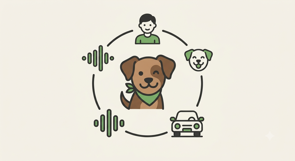 Socialisation in the Developing Puppy. Stylized puppy icon surrounded by icons representing people, dogs, and environments