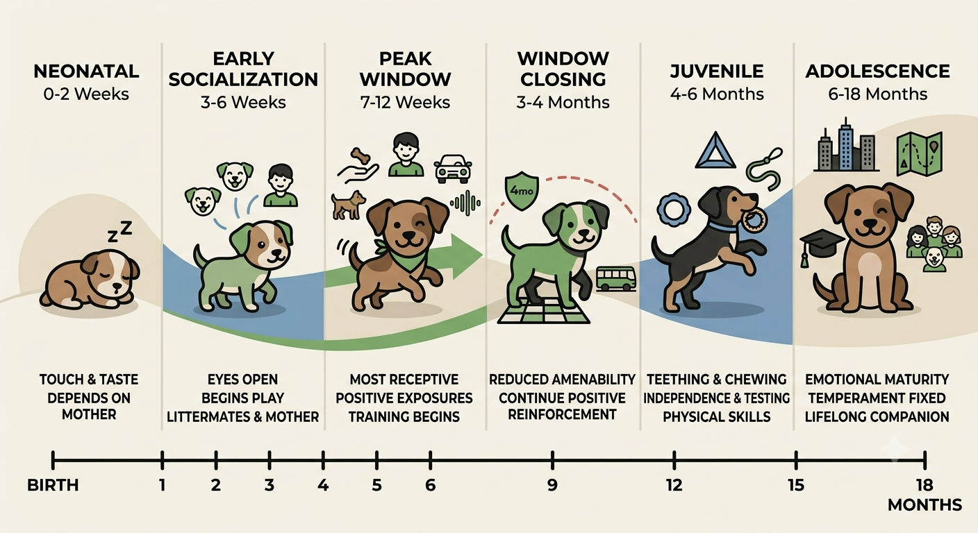 Socialisation in the Developing Puppy. Timeline panel showing puppy development stages from birth to adolescence.