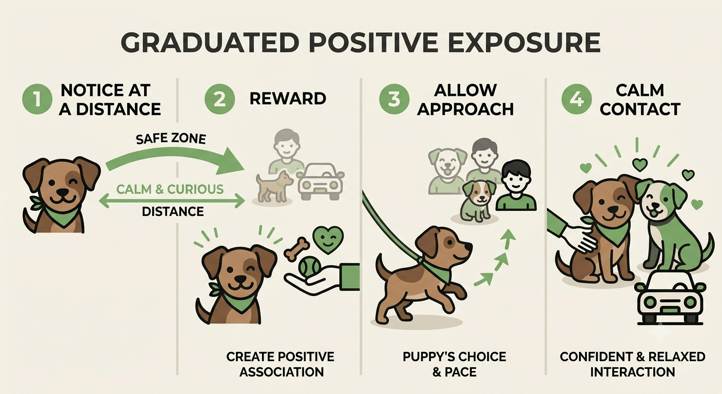 Socialisation in the Developing Puppy. Four-step diagram showing graduated, reward-paired exposure to a new stimulus.