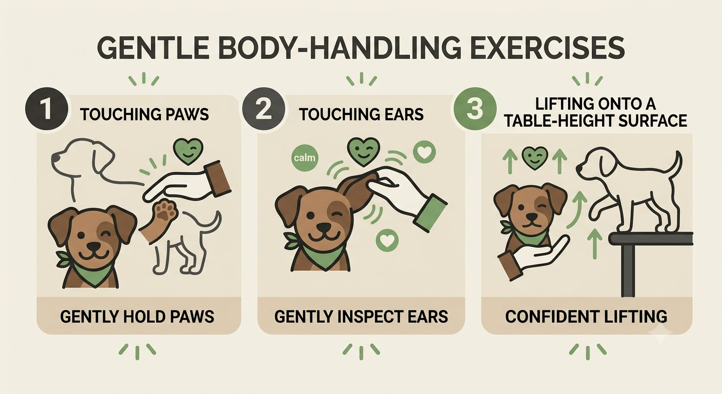 Socialisation in the Developing Puppy. Illustration of a puppy's paws, ears, and mouth being gently handled at home.