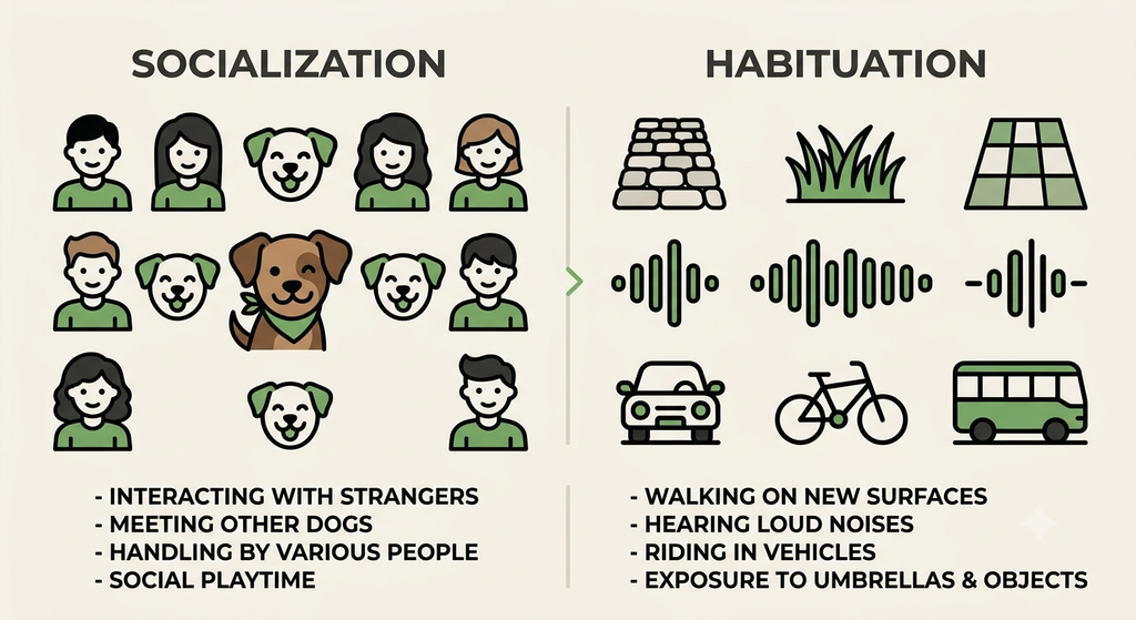 Socialisation in the Developing Puppy. Diagram comparing socialization (social exposure) with habituation (non-social exposure)