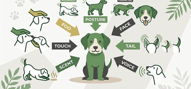 Understanding Dog Communication. Diagram of six dog signal channels feeding into one overall message.
