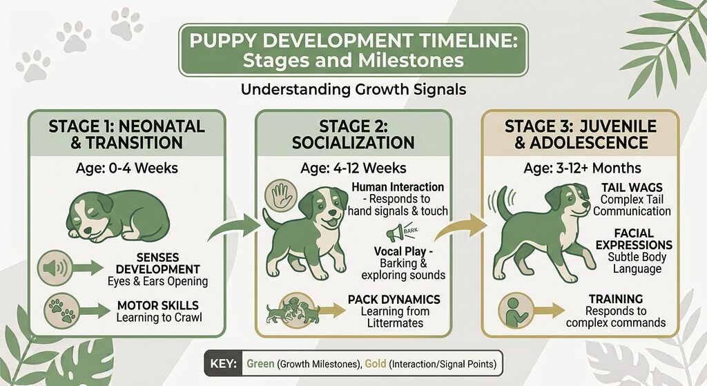 Understanding Dog Communication. Timeline panel of a puppy learning signals from birth to adolescence.