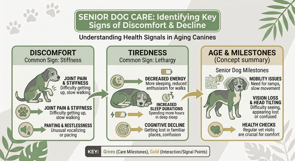 Understanding Dog Communication. Panel of an older dog with subtle signs of pain, tiredness and confusion.