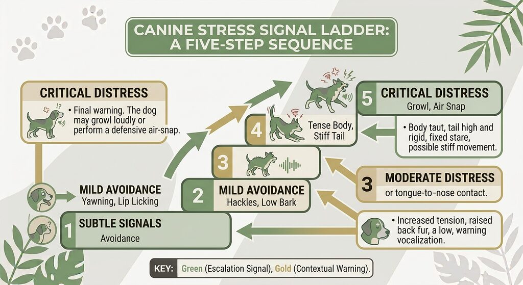 Understanding Dog Communication. Ladder graphic of dog stress signals rising from subtle to intense.