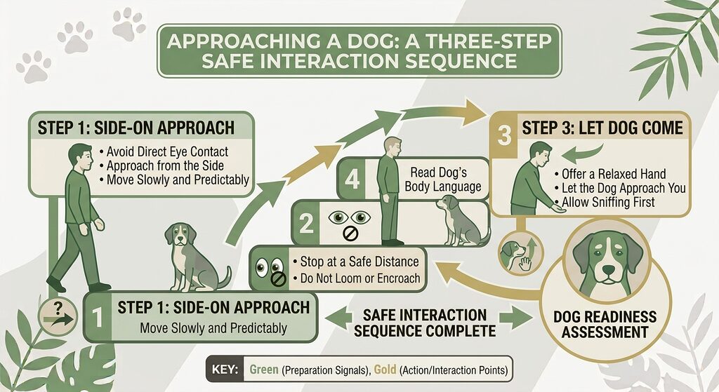 Understanding Dog Communication. Three-step diagram of a calm, side-on approach to a nervous dog.