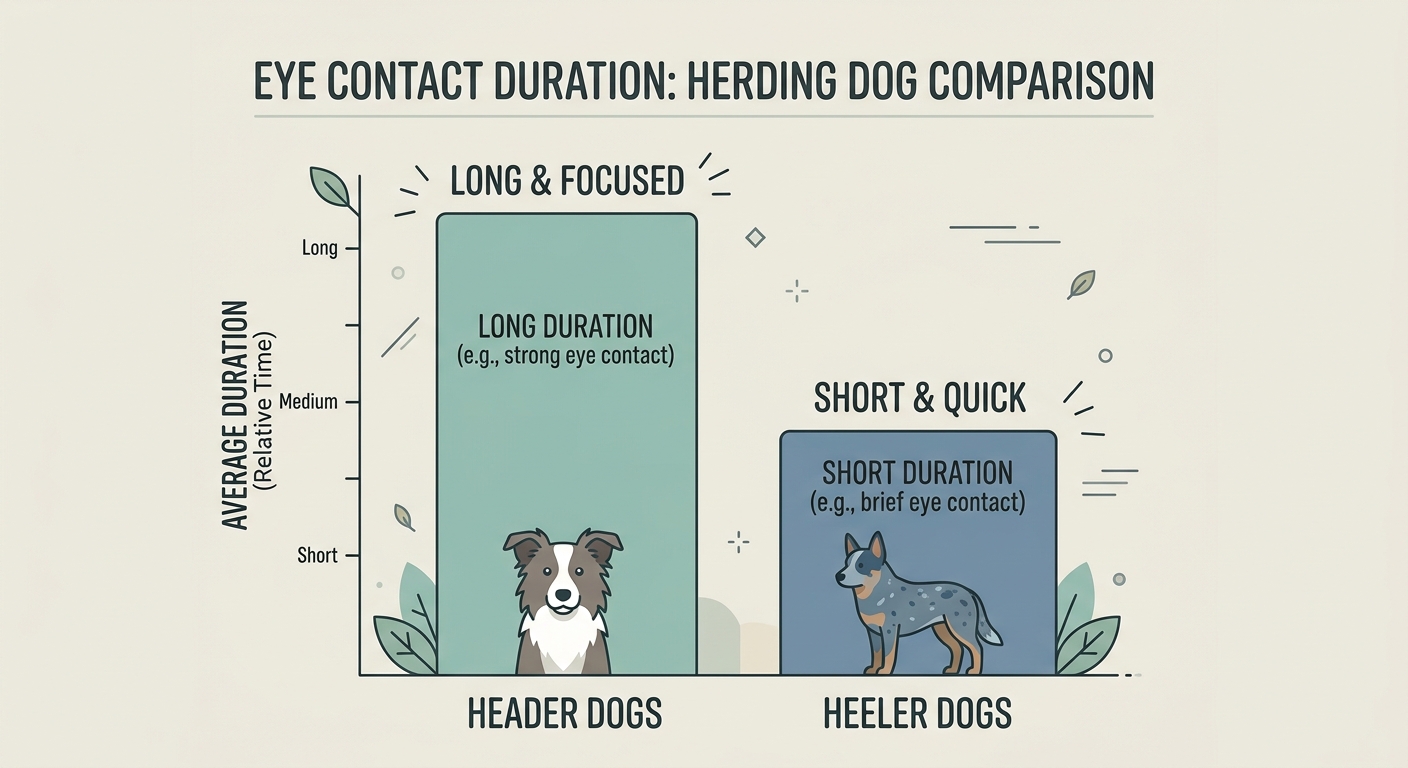 Cognition in the Corgi. Diagram comparing sustained eye-contact duration between heading-style and heeling-style herding breeds.