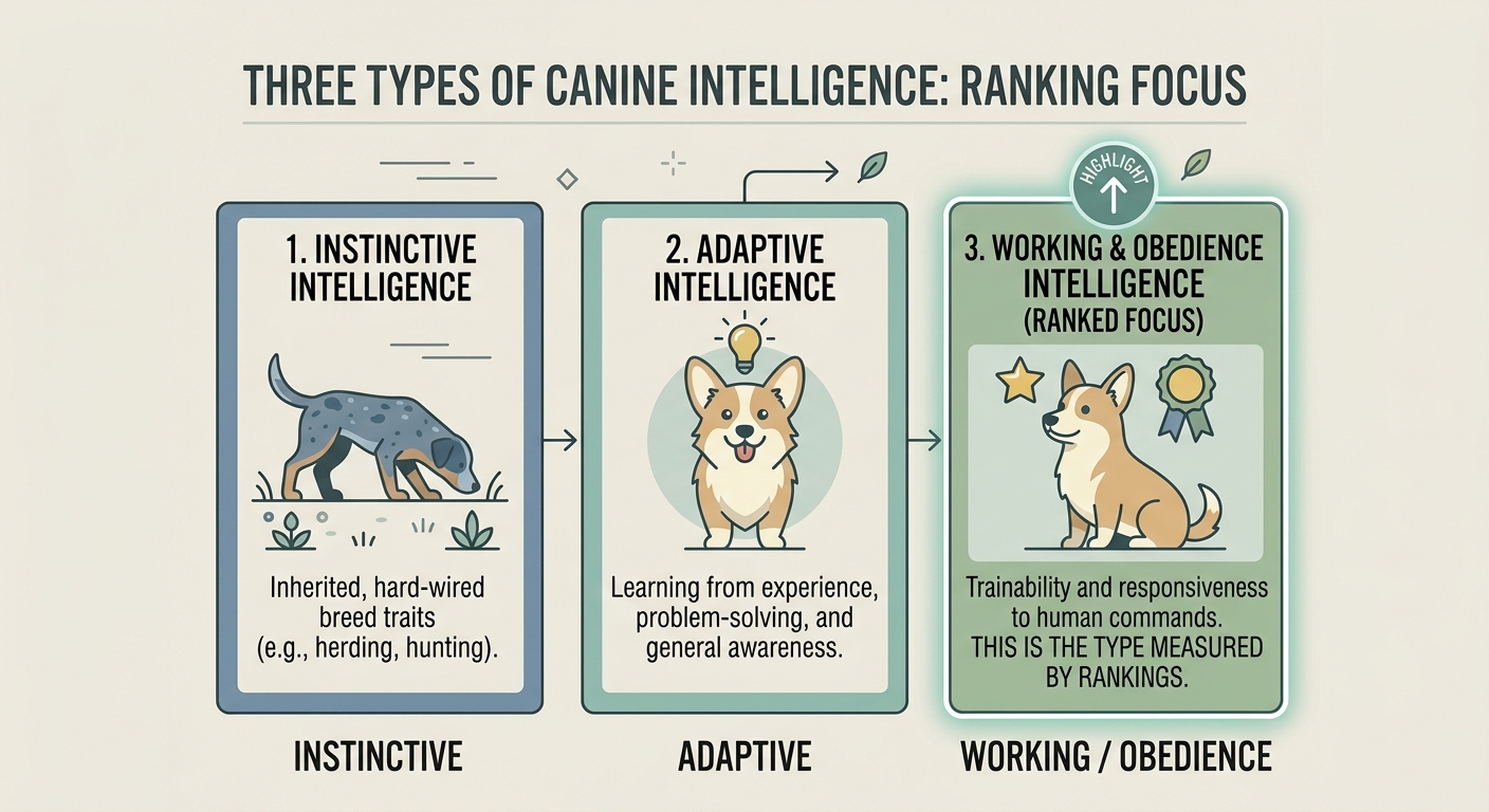 Cognition in the Corgi. Diagram showing Coren's three types of dog intelligence and which one obedience rankings measure.