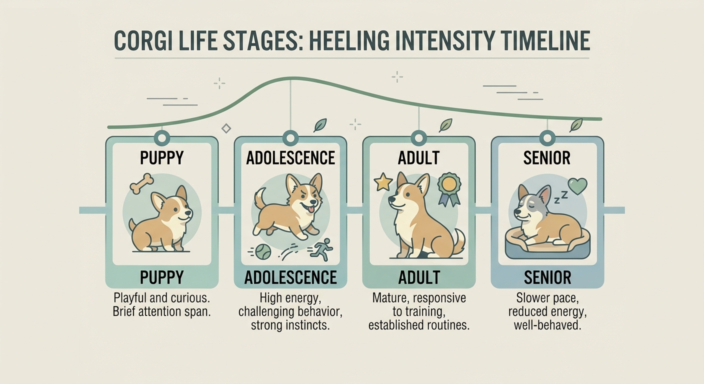 Cognition in the Corgi. Timeline diagram showing heel-nipping behavior intensity across a Corgi's life stages.