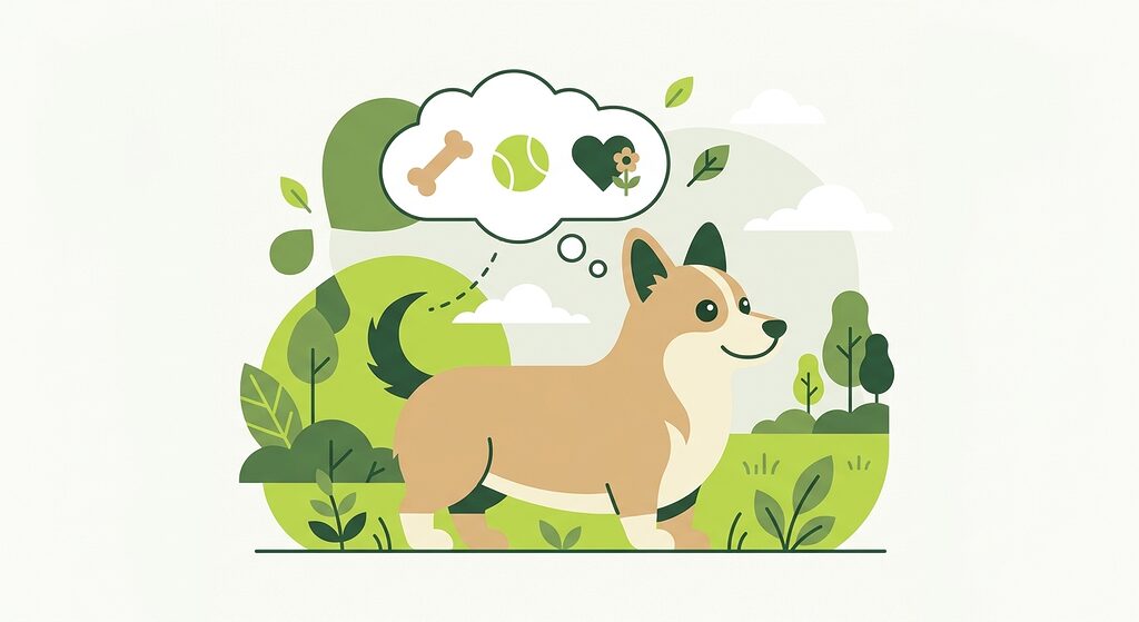 Cognition in the Corgi. Stylized Pembroke Welsh Corgi icon with a thought-bubble motif.