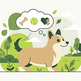 Cognition in the Corgi. Stylized Pembroke Welsh Corgi icon with a thought-bubble motif.