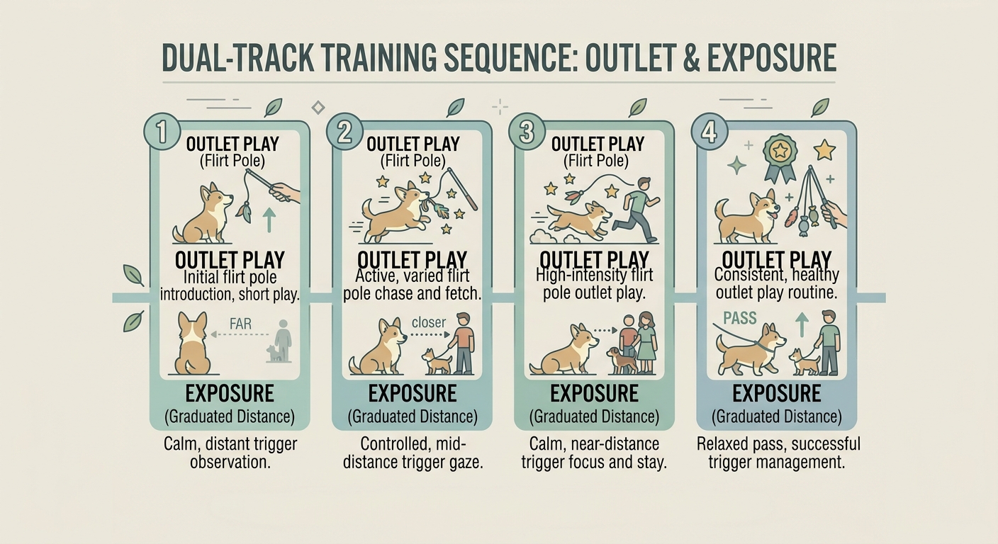 Cognition in the Corgi. Step diagram showing a two-part training approach: sanctioned outlet play plus graduated trigger exposure.