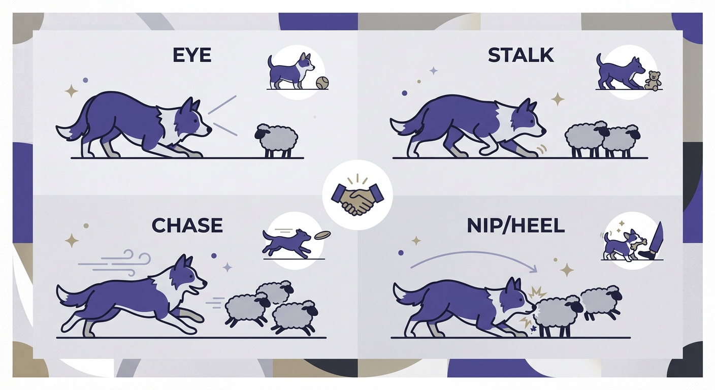 Corgi Personality Science. Diagram of the eye-stalk-chase-nip herding sequence and its everyday behavioral echoes.