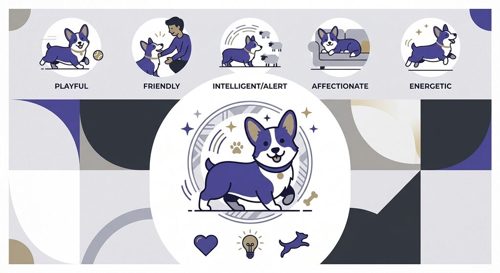 Corgi Personality Science. Flat illustrated corgi icon representing breed-specific personality science.