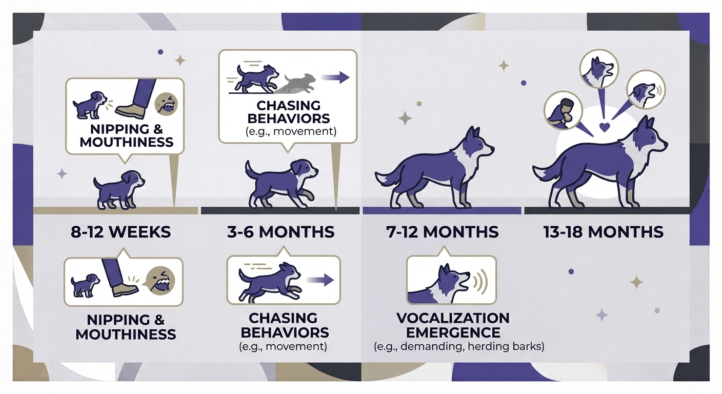 Corgi Personality Science. Timeline showing when herding-drive behaviors typically emerge and intensify in corgi puppies.
