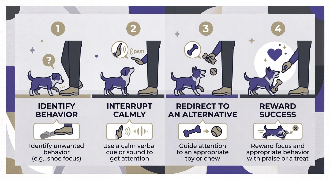 Corgi Personality Science. Four-step illustration of redirecting chase-and-nip behavior toward an appropriate outlet,