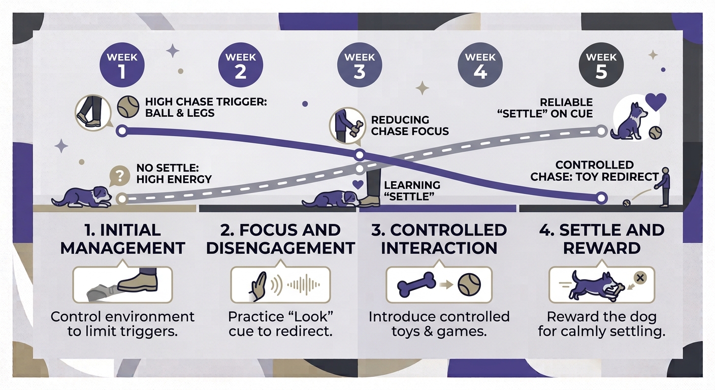 Corgi Personality Science. Timeline chart of a corgi's bike-chasing behavior improving over a structured training plan.
